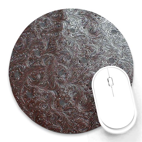 Leather Look & Skins Black And Brown Floral Round Mousepad from ArtsNow.com Front