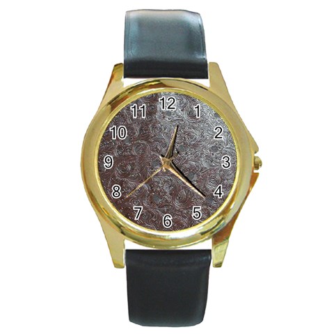 Leather Look & Skins Black And Brown Floral Round Gold Metal Watch from ArtsNow.com Front