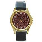 Leather Look & Skins Bark Brown Round Gold Metal Watch